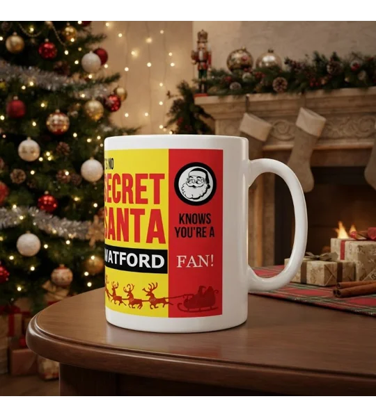 Watford-inspired Christmas football fan gift mug with colourful full-colour artwork