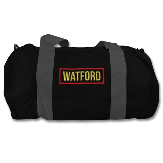 Watford-inspired retro style football holdall barrel kitbag with embroidered design
