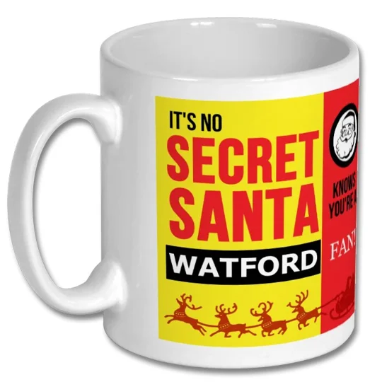 White Watford-inspired football fan mug with glossy photo-quality finish