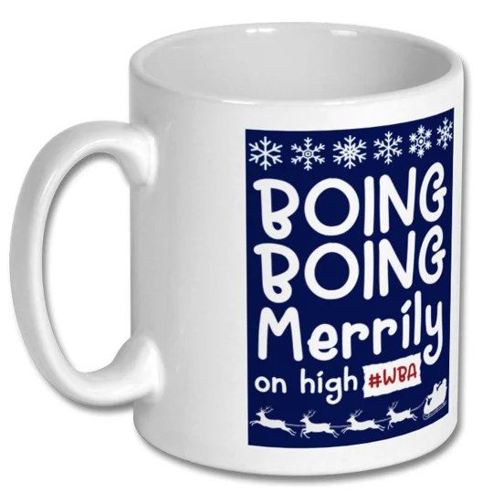 West Brom-inspired football Christmas gift mug with glossy full-colour artwork, shown as a festive present idea