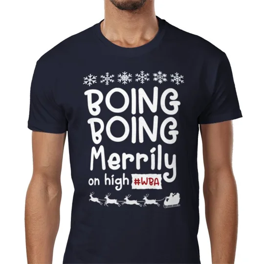 WBA-inspired Boing Boing Merrily on High Christmas T-shirt in navy blue