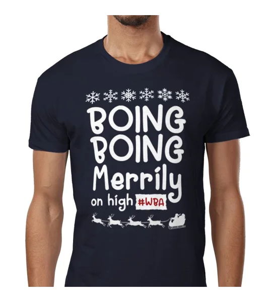 WBA-inspired Boing Boing Merrily on High Christmas T-shirt in navy blue