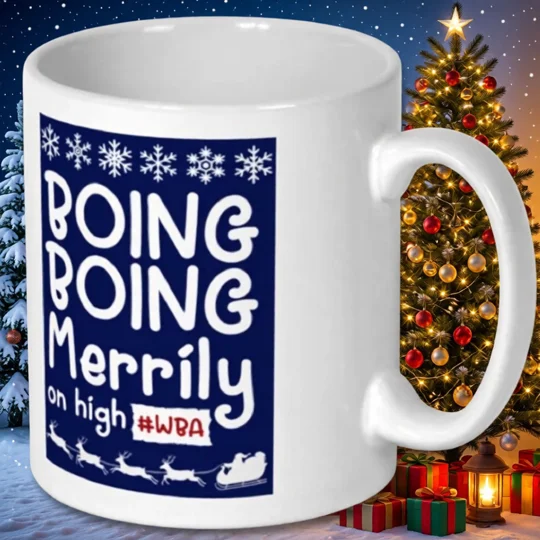 West Brom-inspired Boing Boing Merrily on High Christmas mug with full-colour festive football artwork