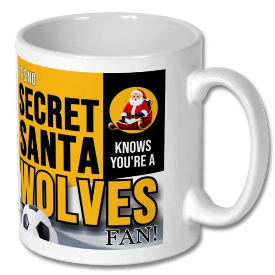 Close-up of the Wolves-inspired football artwork on a white ceramic Christmas mug