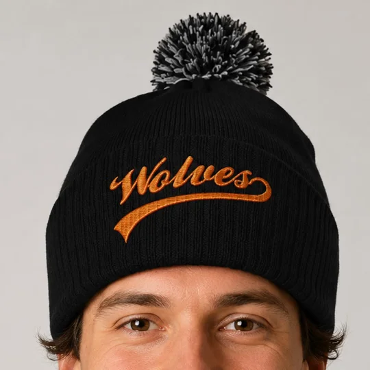 Wolves-Inspired Retro Football Bobble Hat with embroidered design