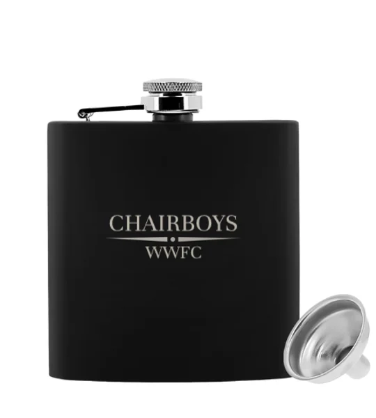 Wycombe-inspired Chairboys football fan gift hip flask with presentation box