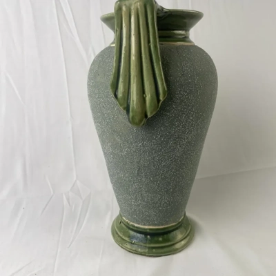 Art Deco Grey Sand Glaze Vase with Green Glazed Details