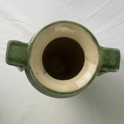 Art Deco Grey Sand Glaze Vase with Green Glazed Details