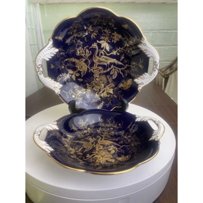 Coalport Cobalt & Gold Cairo Twin-Handled Bowl Pair c. 1920