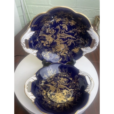 Coalport Cobalt & Gold Cairo Twin-Handled Bowl Pair c. 1920