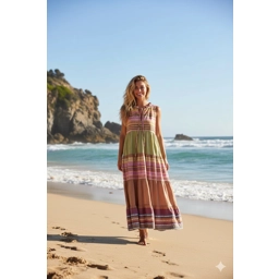 Sleevless Stripe Ruffle Neck Long Dress by Pearl & Caviar