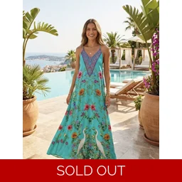 Silk T-back Maxi Jewelled Dress-Green Floral