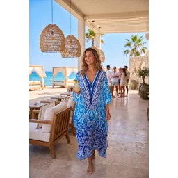 Silk Maxi Jewelled Kaftan-Multi Blue