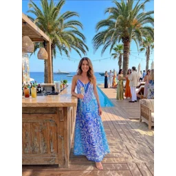 Silk T-back Maxi Jewelled Dress- Vibrant Blues