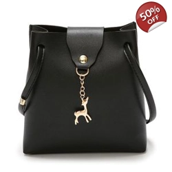 Women Leather Bucket Shoulder Bag Lady Crossbody Handbag--Black