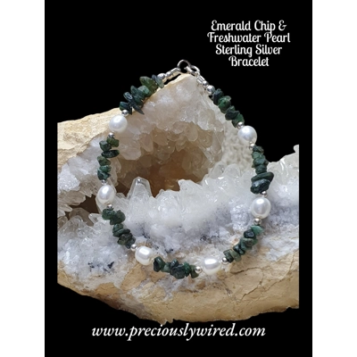 Emerald Chip & Freshwater Pearl Sterling Silver Bracelet