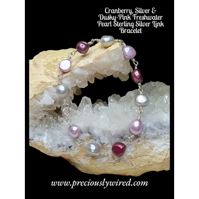 Pearl Cranberry Silver Link Sterling Bracelet