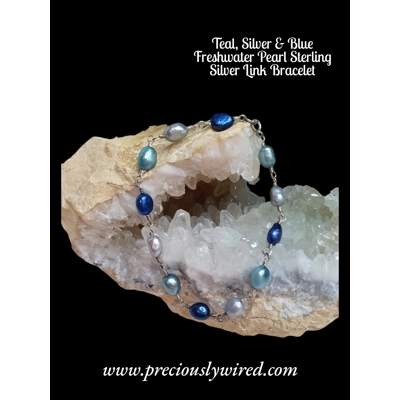 Pearl Blue Multi Silver Link Sterling Bracelet