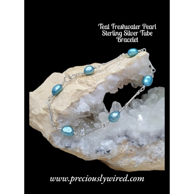 Pearl Teal Tube Link Sterling Bracelet