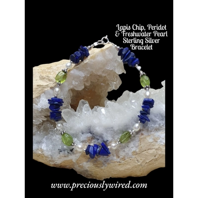 Lapis Chip, Peridot & Freshwater Pearl Sterling Silver Bracelet