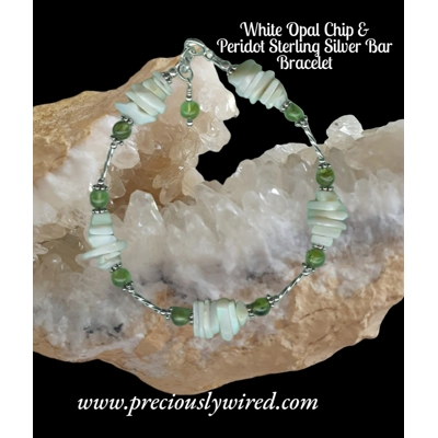 White Opal Chip & Peridot Sterling Silver Bar Bracelet
