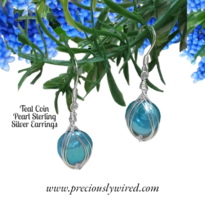 Pearl Coin Teal Sterling Wrapped Drop Earrings