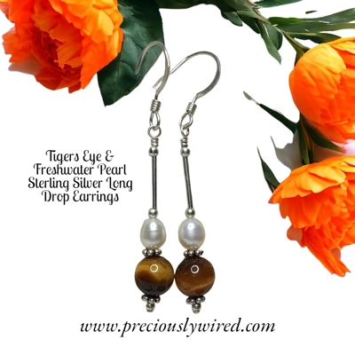 Tigers Eye Pearl Sterling Long Drop Earrings