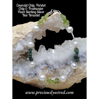 Emerald Chip, Peridot Chip & Freshwater Pearl Sterling Silver Bar Bracelet