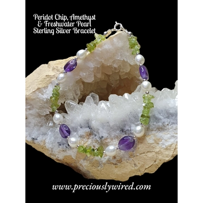 Peridot Chip, Amethyst & Freshwater Pearl Sterling Bracelet