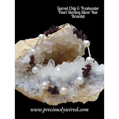 Garnet Chip & Freshwater Pearl Sterling Silver Bar Bracelet