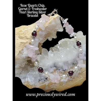 Rose Quartz Chip, Garnet  & Freshwater Pearl Sterling Silver Bracelet