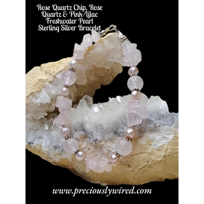 Rose Quartz Chip, Rose Quartz  & Freshwater Pearl Sterling Silver Bracelet