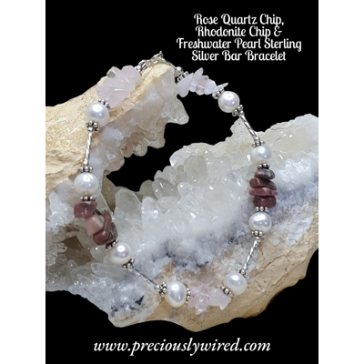 Rose Quartz Chip, Rhodonite Chip & Freshwater Pearl Sterling Silver Bar Bracelet