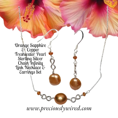 Orange Sapphire Copper Pearl Sterling Chain Infinity Necklace Earrings Set