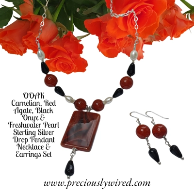 Carnelian, Red Agate, Black Onyx, Pearl Sterling Chain Drop Necklace Earrings OOAK Set