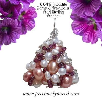 Rhodolite Garnet Blush Pearl Sterling Wire Wrapped Triangle OOAK Pendant