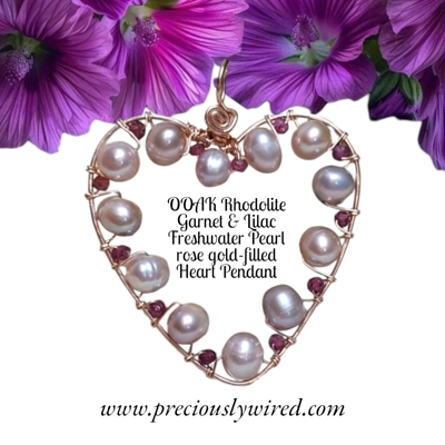Rhodolite Garnet Lilac Pearl Rose gold filled Wire wrapped Heart OOAK Pendant