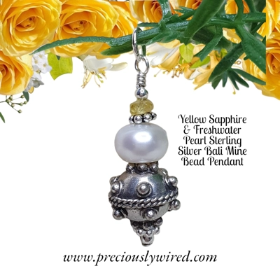 Sapphire Yellow & Pearl Bali Mine Bead Sterling Pendant