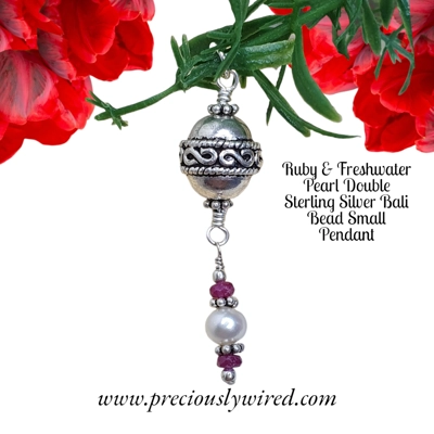 Ruby & Pearl Double Bali Bead Sterling Pendant