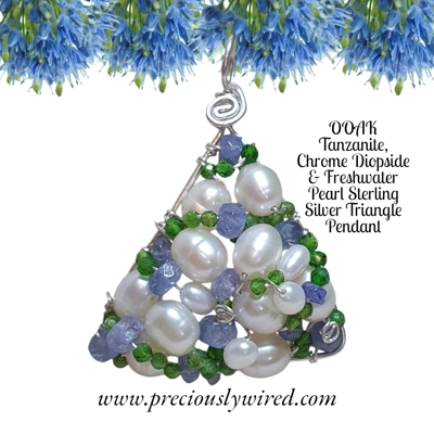 Tanzanite Diopside Pearl Sterling Silver Triangle OOAK Pendant