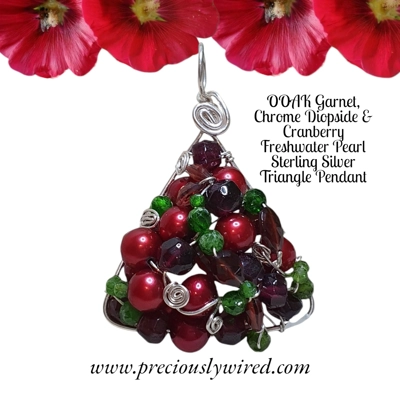 Garnet Chrome Diopside Cranberry Pearl Sterling Silver Triangle OOAK Pendant