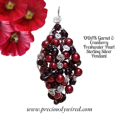Garnet Cranberry Pearl Sterling Silver Elongated Diamond OOAK Pendant