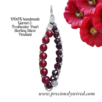 Garnet Cranberry Pearl Sterling Wire Wrapped Pointed Oval OOAK Pendant