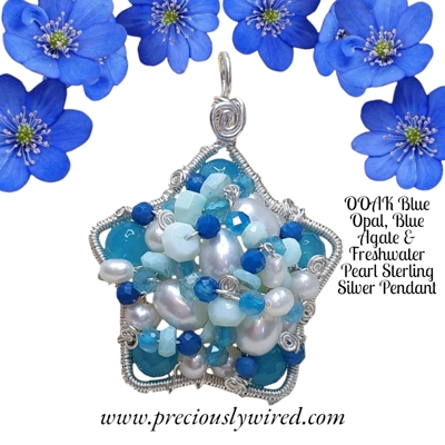 Opal Blue Agate Pearl Sterling Silver Wire wrapped Star OOAK Pendant