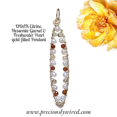 Citrine Hessonite Pearl Gold filled Pointed Oval OOAK Pendant