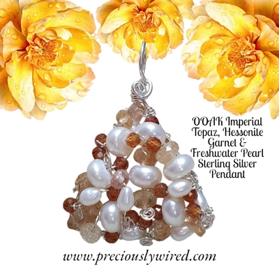 Imperial Topaz Hessonite Pearl Sterling Silver Triangle OOAK Pendant