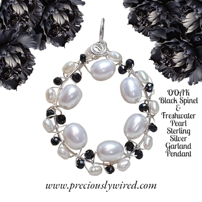 Black Spinel Pearl Sterling Wire Wrapped Round Garland OOAK Pendant