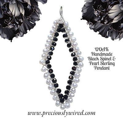 Black Spinel Pearl Sterling Silver Wire Wrapped Diamond OOAK Pendant