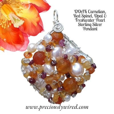 Carnelian Spinel Opal Pearl Sterling Silver Diamond OOAK Pendant