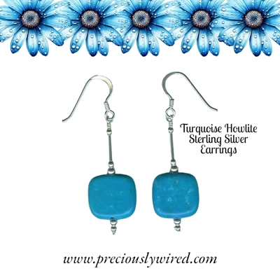 Turquoise Howlite Square Sterling Drop Earrings